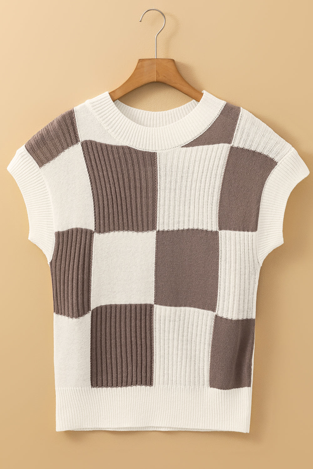 Light Brown Checkered Color Block Crew Neck Short Sleeve Sweater