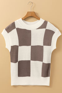 Light Brown Checkered Color Block Crew Neck Short Sleeve Sweater