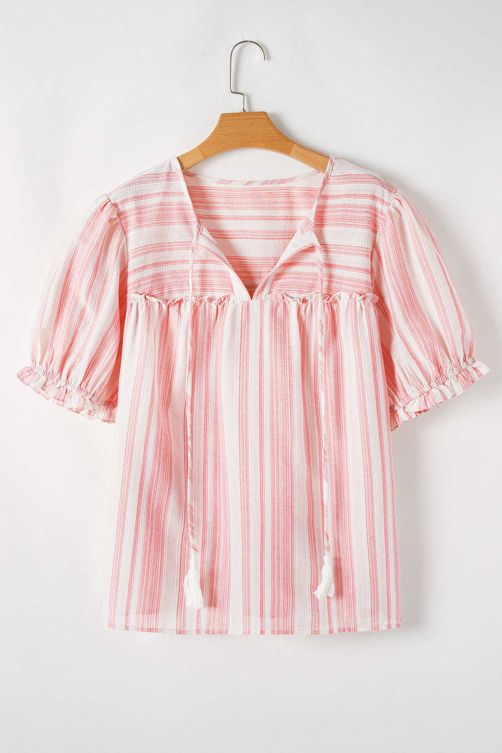 Plus Size Salmon Stripe Tassel Tie Split V-Neck Short Sleeve Blouse