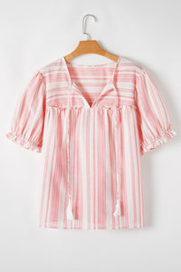 Plus Size Salmon Stripe Tassel Tie Split V-Neck Short Sleeve Blouse