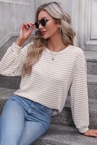Khaki Stripe Round Neck Long Sleeve Textured Knit Top