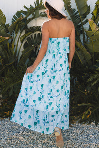 Sky Blue Teal Floral Ruffled Side Slit Tube Top Maxi Dress