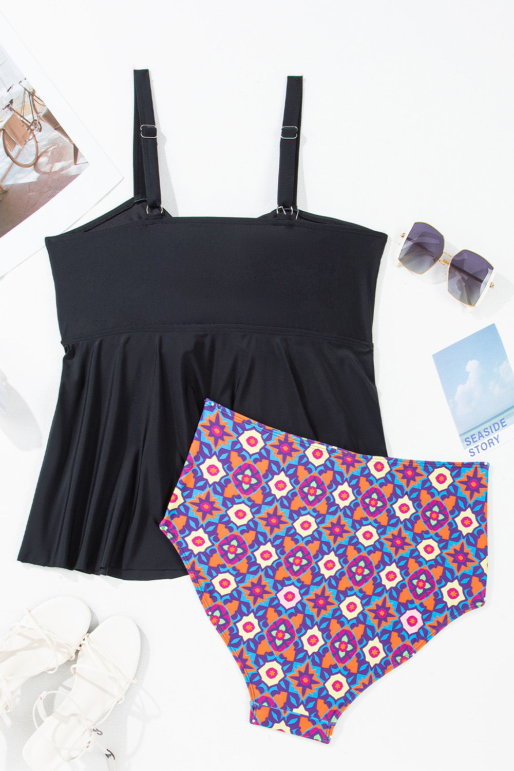 Plus Size Black Ruched Babydoll Tankini with Geometric Print Bottom 2-Pc. Swimsuit