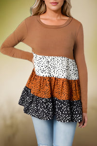 Brown Ribbed Knit Dotted Ruffly Silky Babydoll Top