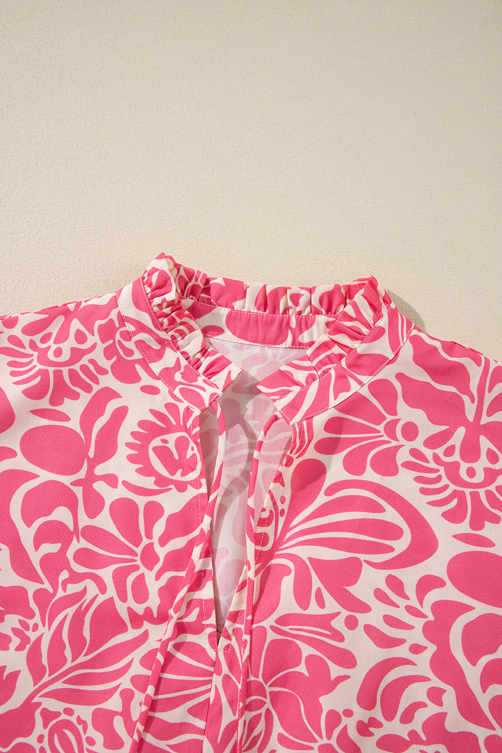Plus Size Pink Floral Ruffly Split Mock Neck 3/4 Sleeve Blouse