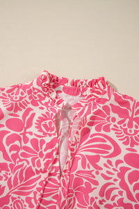 Plus Size Pink Floral Ruffly Split Mock Neck 3/4 Sleeve Blouse