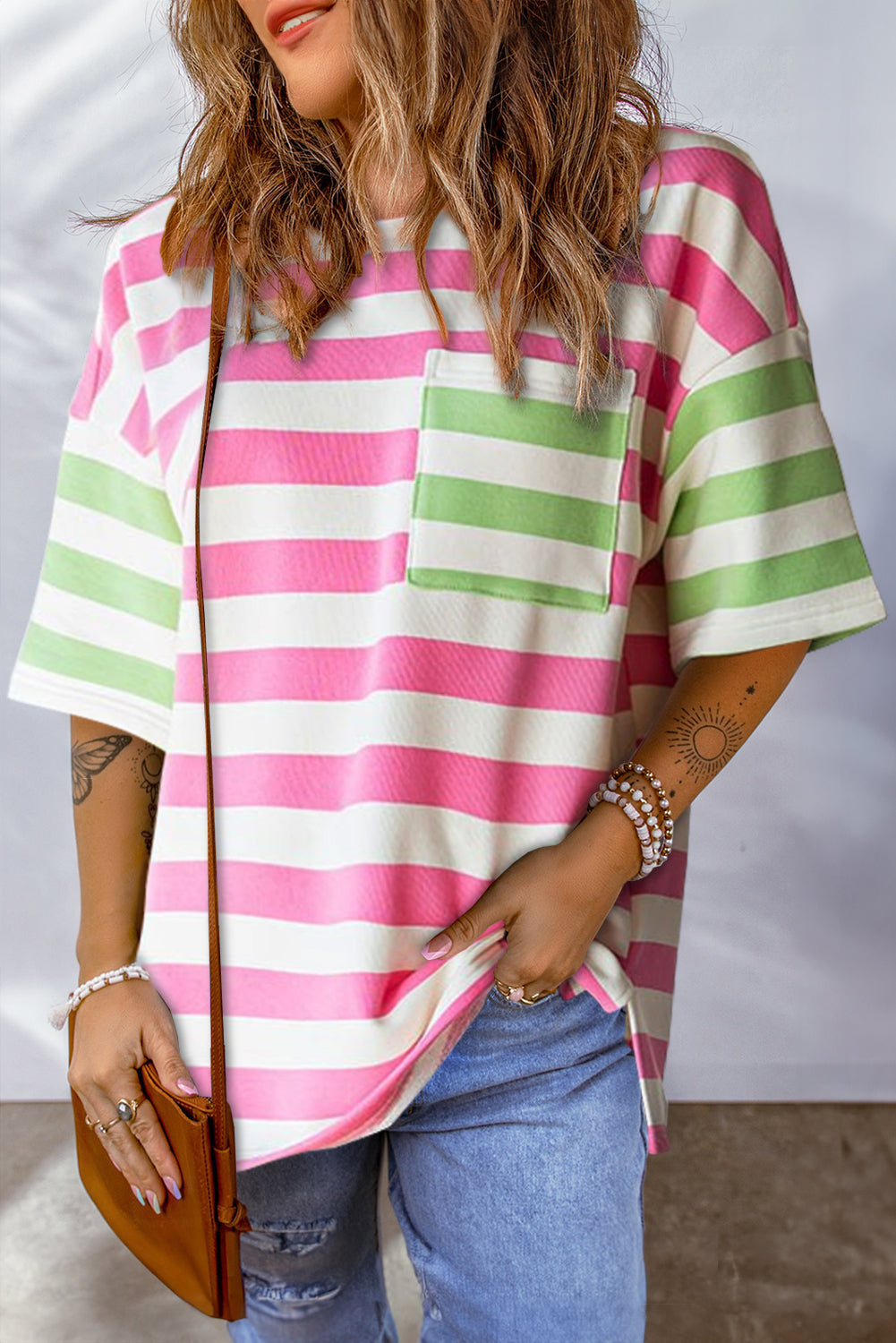Pink and Bright Green Striped Colorblock Drop Shoulder Sleeve Tee