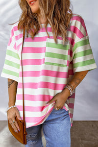 Pink and Bright Green Striped Colorblock Drop Shoulder Sleeve Tee
