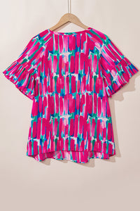 Pink Plus Size Brushstroke Ruffle Sleeve Button V-Neck Blouse