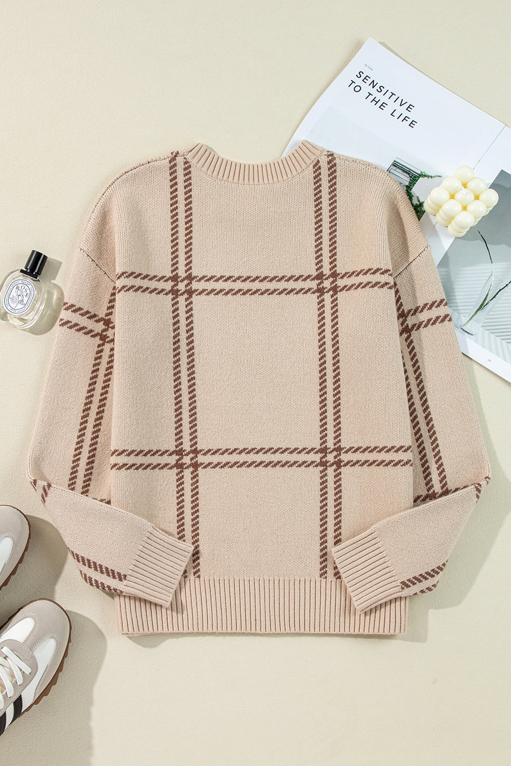 Beige Window Pane Plaid Drop Shoulder Knit Sweater