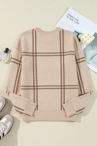 Beige Window Pane Plaid Drop Shoulder Knit Sweater