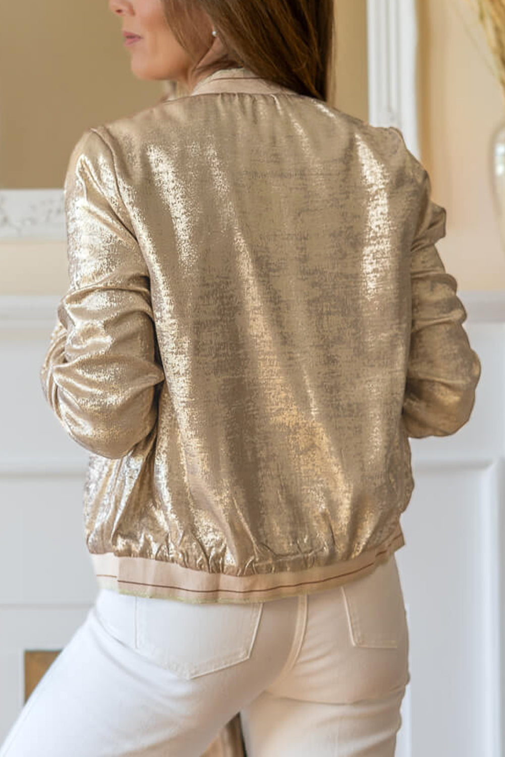 Khaki Metallic Zip Up Baseball Jacket