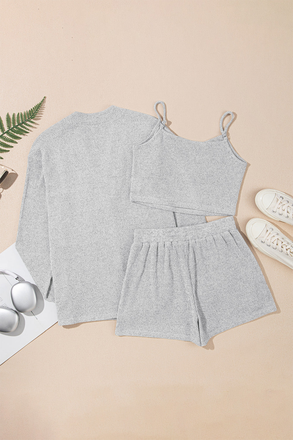 Light Grey 3-Piece Ribbed Knit Crop Camisole Matching Shorts and Cardigan Lounge Set
