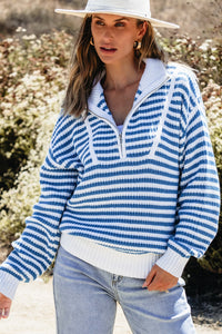 Bright Blue & White Stripe 1/4 Zip Mock Collar Knit Sweater
