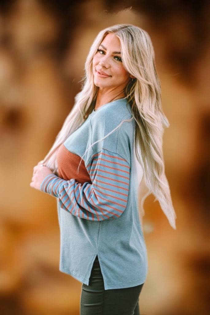 Teal and Rust Stripe Long Sleeve Color Block Shirt