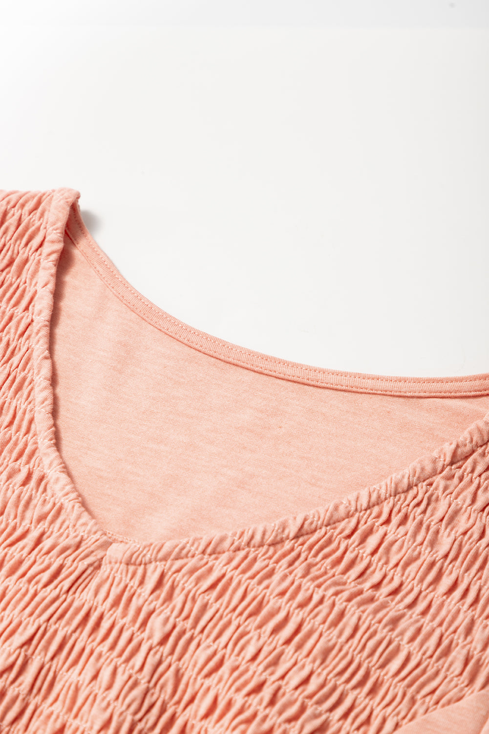Peach Smocked V-Neck Pleated Babydoll Short Sleeve Top