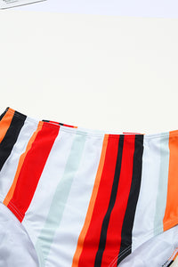 Solid Color Snap Neckline Top Printed Bottom Tankini