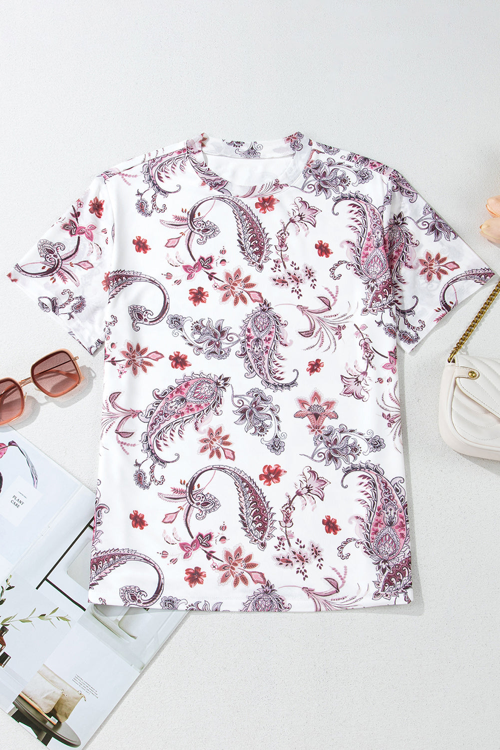 White Burgundy Vintage Paisley Print Crew Neck Mesh Sheer Tee