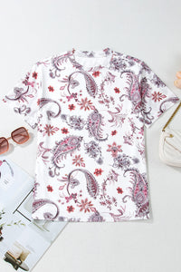 White Burgundy Vintage Paisley Print Crew Neck Mesh Sheer Tee