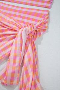 Pink Coral Plaid High Waist Bottom Bikini Top & Sarong 3-Piece Set