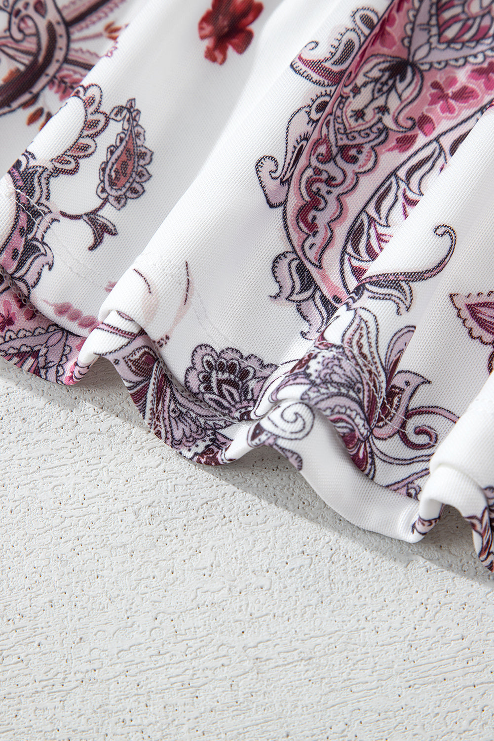 White Burgundy Vintage Paisley Print Crew Neck Mesh Sheer Tee