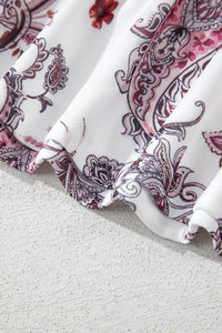 White Burgundy Vintage Paisley Print Crew Neck Mesh Sheer Tee