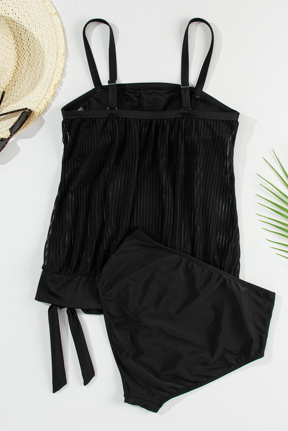 Sheer Striped Mesh Knotted Hem Built in Bra Tankini Swimsuit