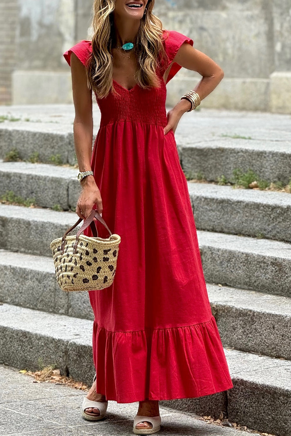 V-Neck Flutter Sleeve Smocked High Waist Ruffle Maxi Dress with Pockets