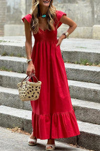 V-Neck Flutter Sleeve Smocked High Waist Ruffle Maxi Dress with Pockets