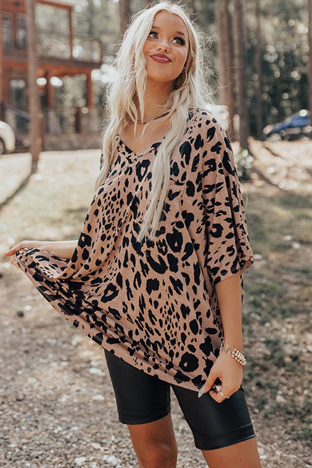 Brown Leopard Print V-Neck Half Sleeve Oversized Tee
