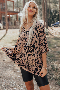 Brown Leopard Print V-Neck Half Sleeve Oversized Tee