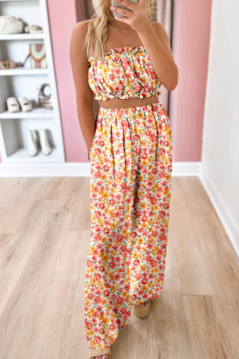 Orange Floral Bandeau Top and High Waist Wide Leg Pants Set