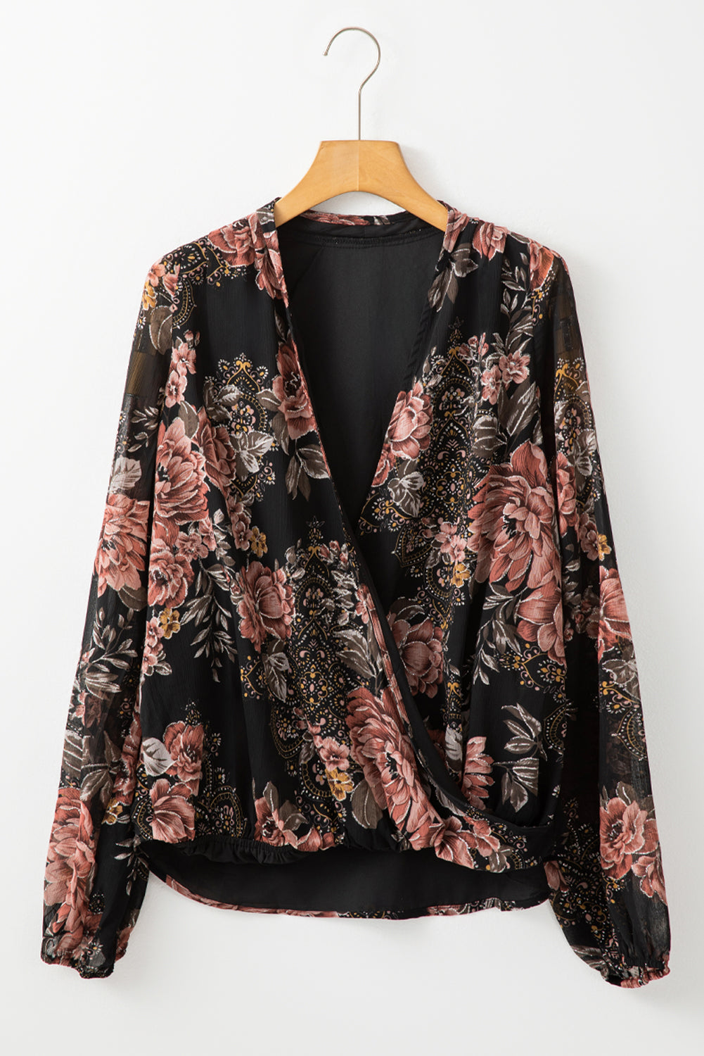 Black Floral Print Cross Over V-Neck Balloon Sleeve Blouse