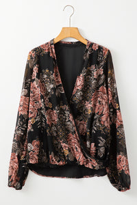 Black Floral Print Cross Over V-Neck Balloon Sleeve Blouse