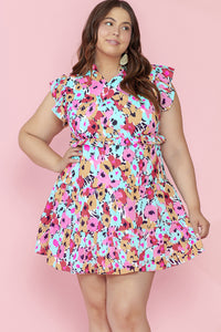 Blue and Pink Floral Ruffled Cap Sleeve Plus Size Mini Dress