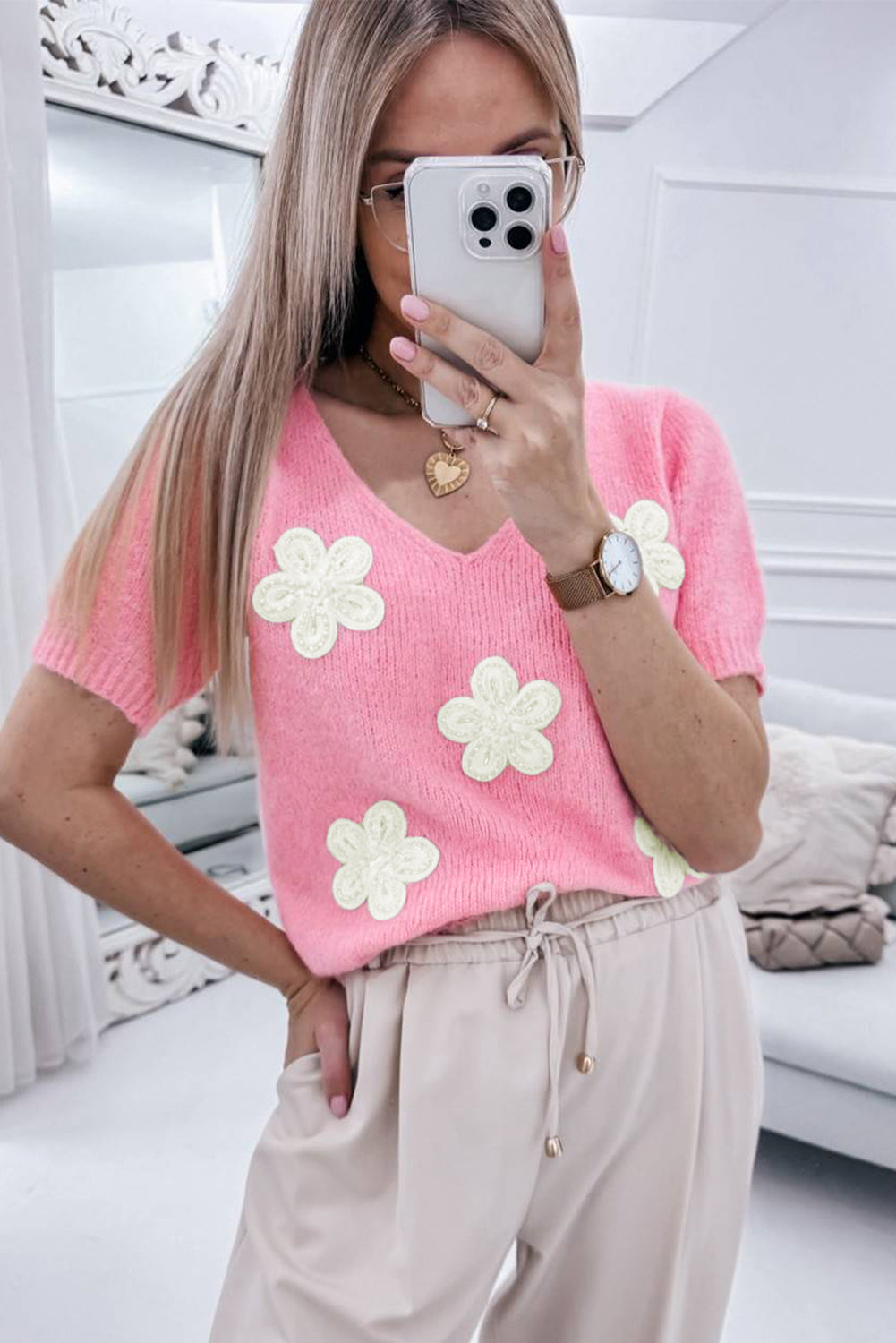 Soft Pink Crocheted Flowers V-Neck Short Sleeve Cropped Sweater