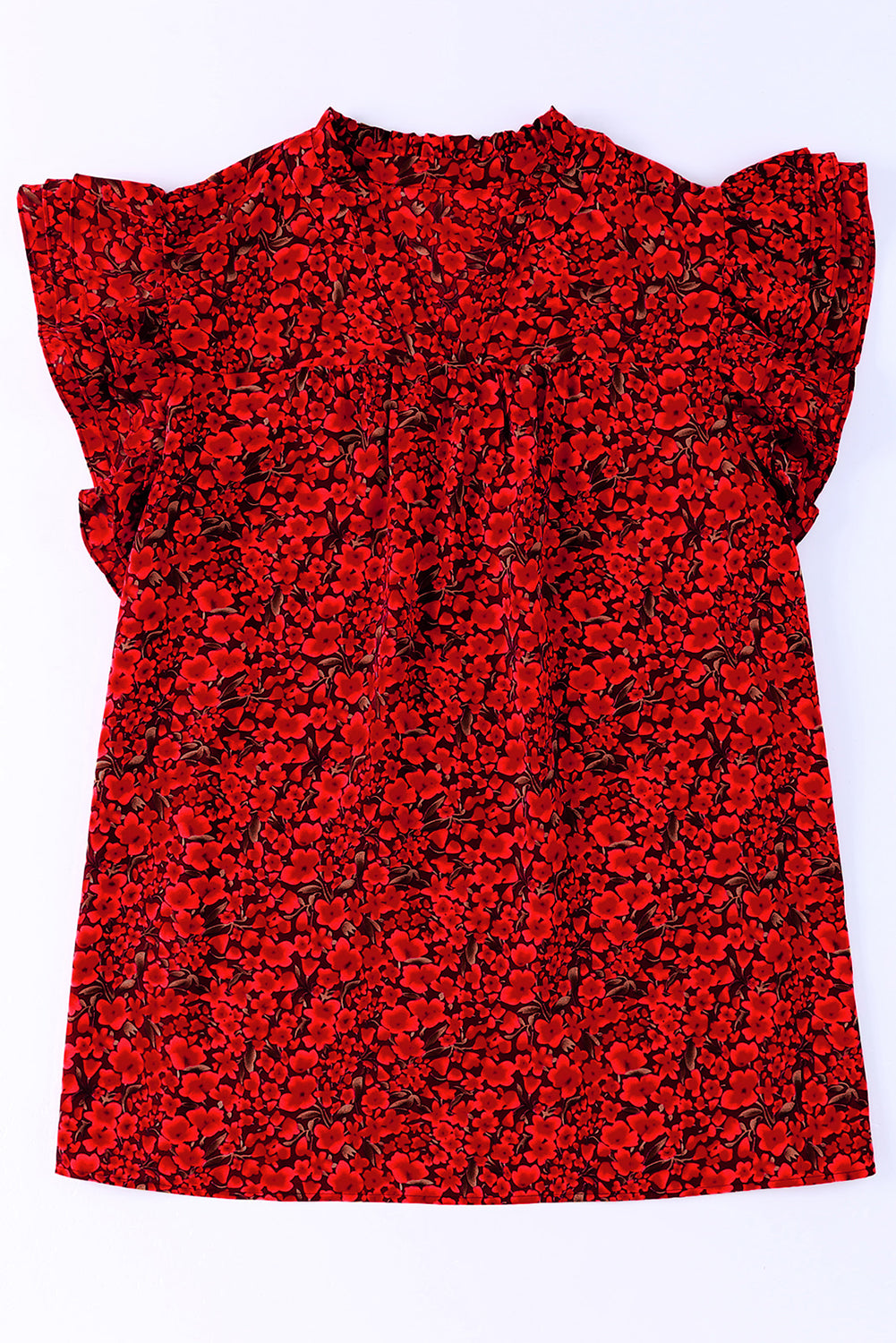Red Black Mini Floral Print Ruffly Flutter Sleeve Plus Size Blouse