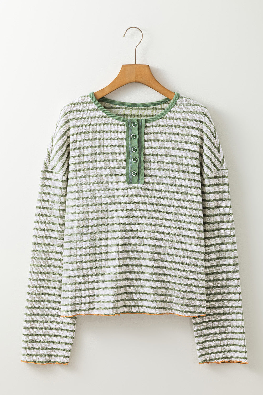 Green Stripe Textured Henley Long Sleeve Top