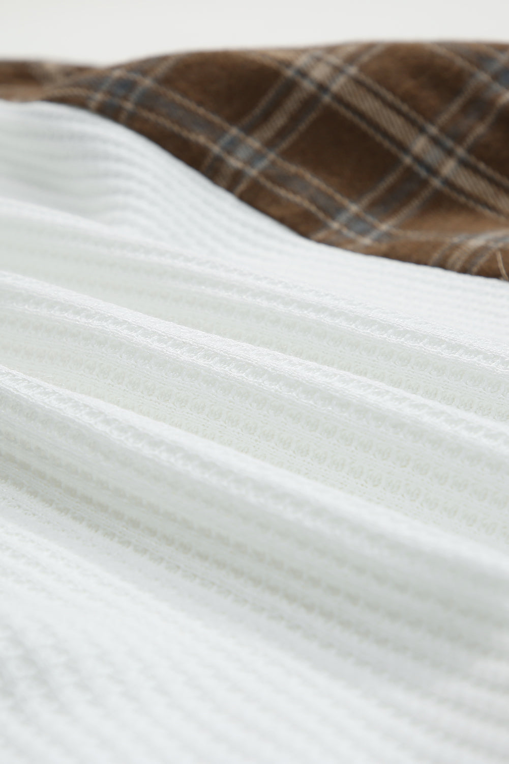 Brown Plaid and White Color Block Waffle Knit Hoodie