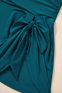 Deep Teal Adjustable Strap Ruched Side Slit Tie Knot Swim Dress