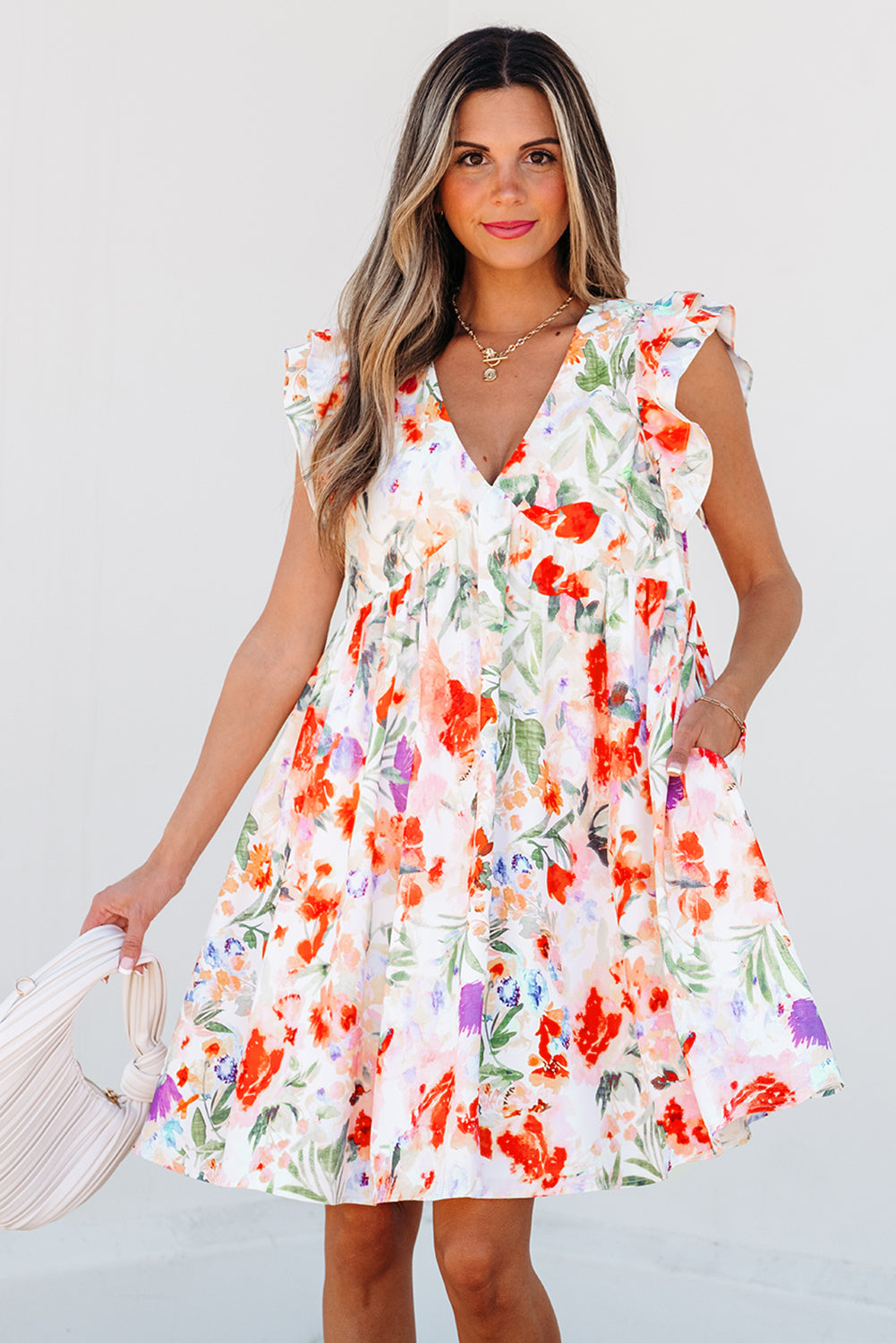 Orange Floral V-Neck High Waist Ruffle Cap Mini Dress