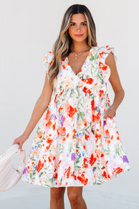 Orange Floral V-Neck High Waist Ruffle Cap Mini Dress