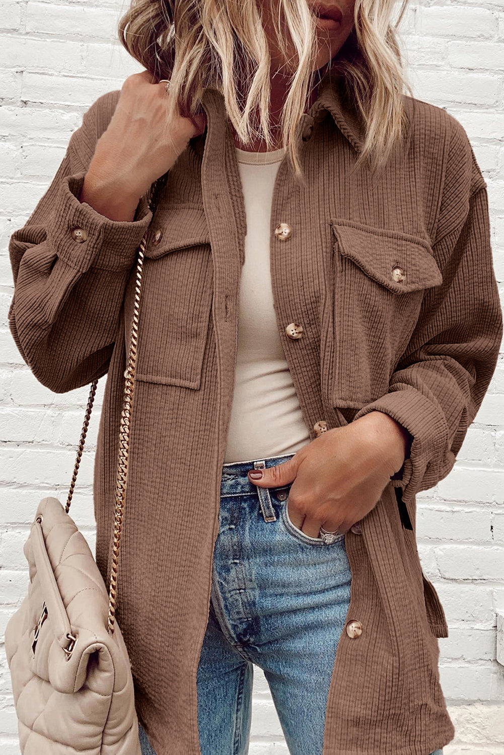 Corduroy Textured Double Chest Pocket Button Up Shacket