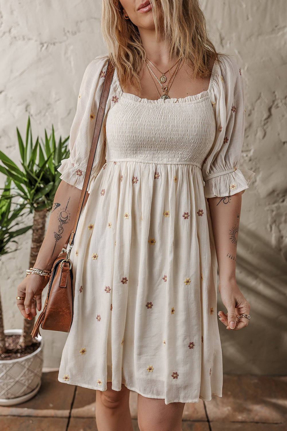 Beige and Pink Embroidered Floral Smocked Half Sleeve Empire Waist Textured Dress