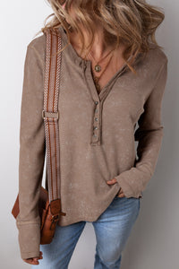 Light Brown Waffle Knit Distressed Long Sleeve Henley