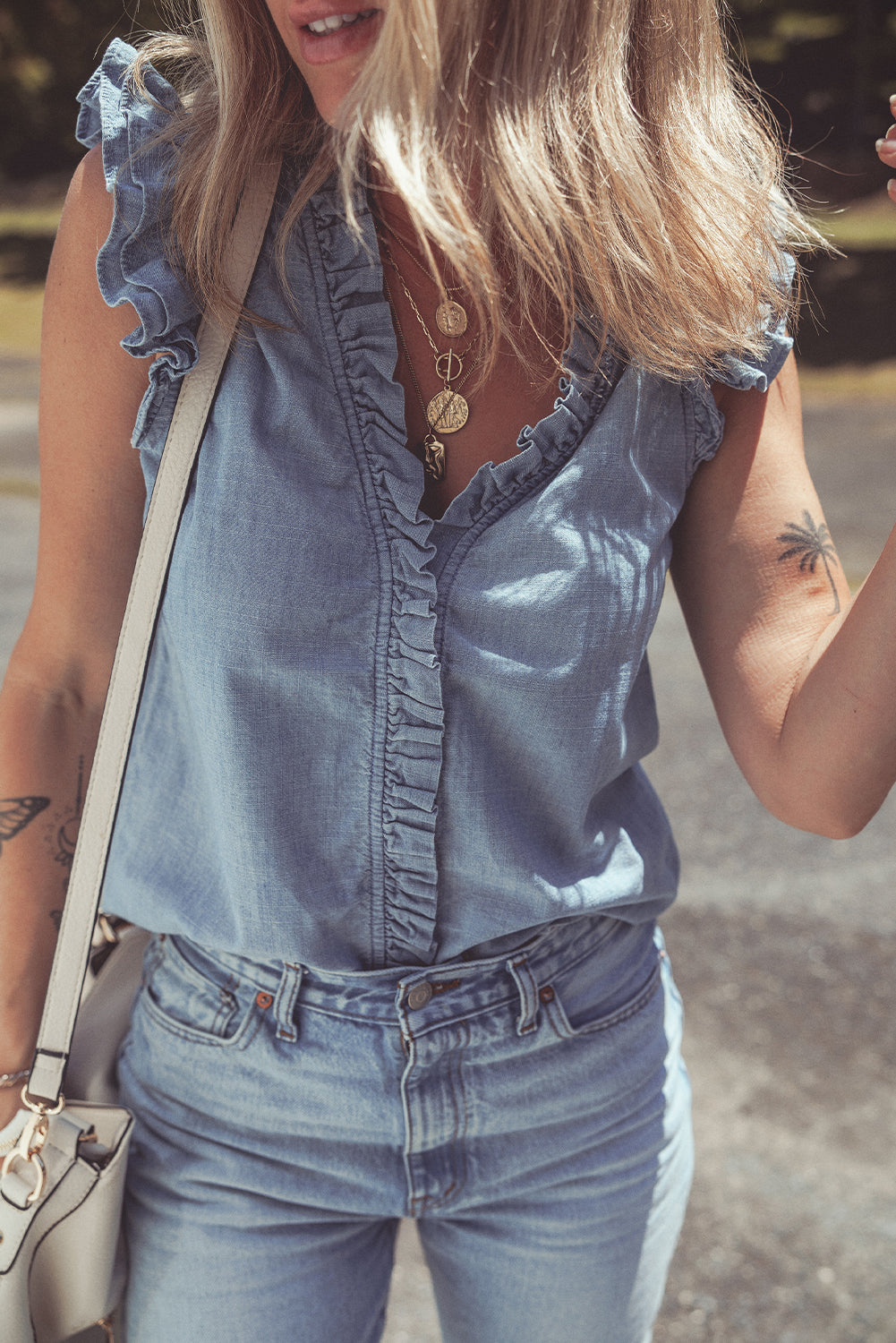 Medium Wash Ruffled V-Neck Flutter Sleeve Denim Top