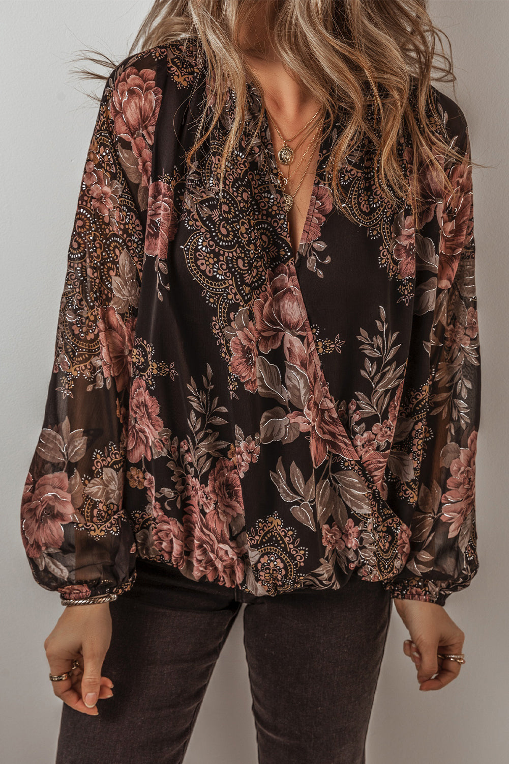 Black Floral Print Cross Over V-Neck Balloon Sleeve Blouse