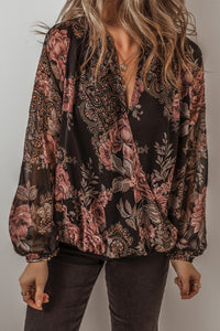 Black Floral Print Cross Over V-Neck Balloon Sleeve Blouse