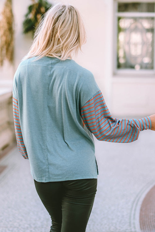 Teal and Rust Stripe Long Sleeve Color Block Shirt
