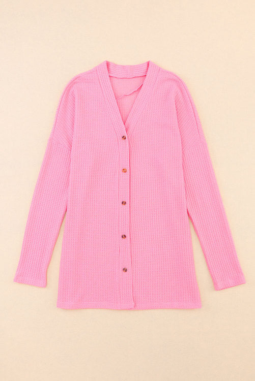 Pink Waffle Knit Button Up V-Neck Cardigan